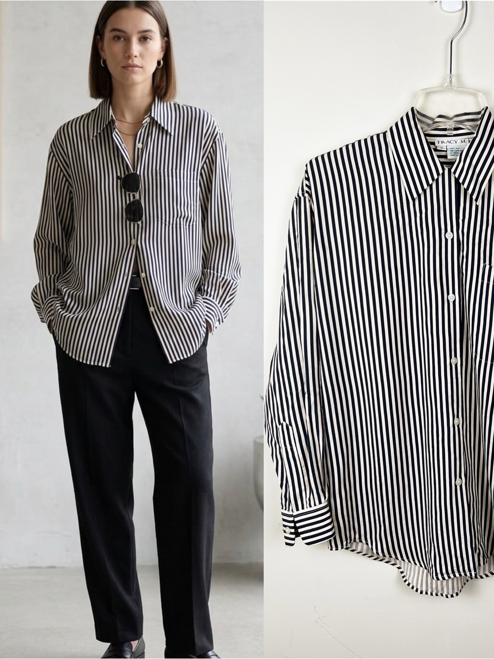 Vintage 100% Silk Navy Cream Striped Button Dress Shirt Womens Small Oversized